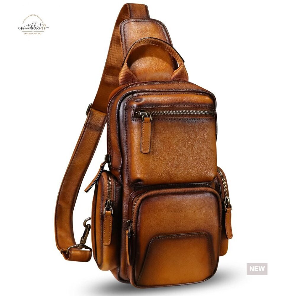 Genuine Leather Sling Backpack Crossbody Daypack Vintage Handmade Motorcycle